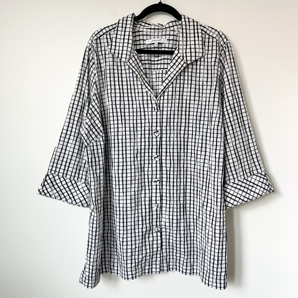 Foxcroft Plaid Crinkle Tunic Blouse Black White Womens 20W Shaped Plus Office